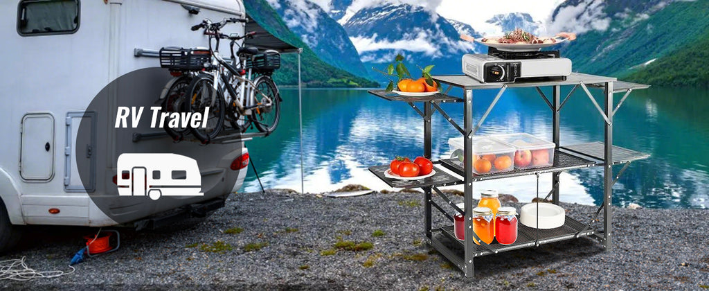 SucceBuy Folding Camping Kitchen Table — Portable Aluminum Cook Station for Outdoor BBQ & Picnics