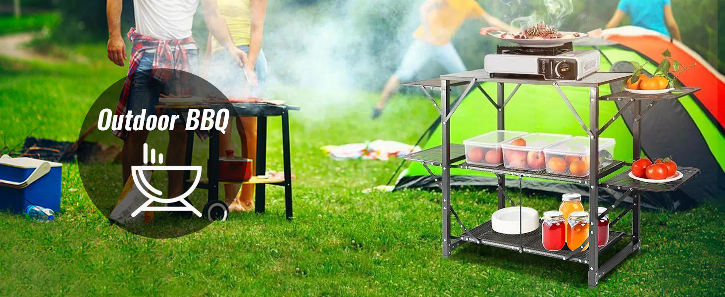 SucceBuy Folding Camping Kitchen Table — Portable Aluminum Cook Station for Outdoor BBQ & Picnics