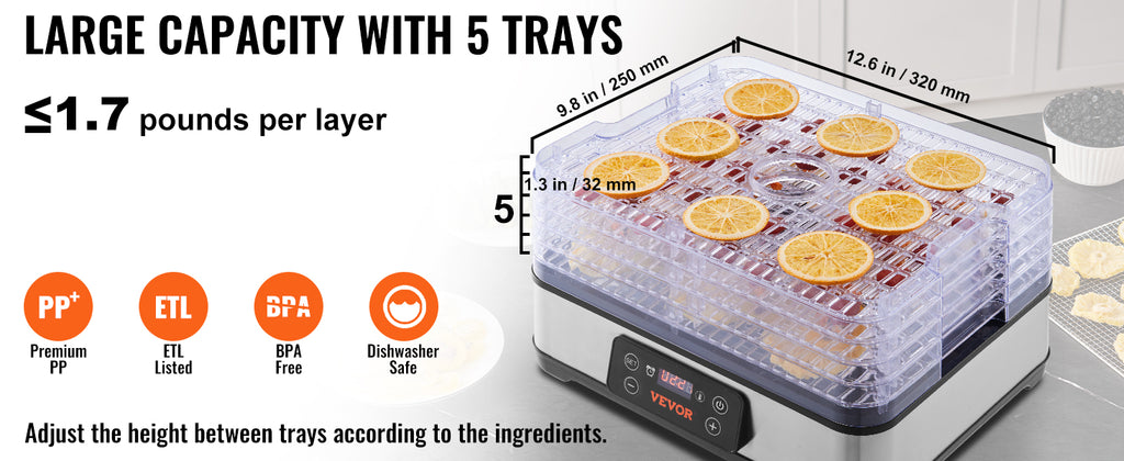 5-Tray Food Dehydrator 300W — Stainless Steel with Digital Timer & Adjustable Temperature