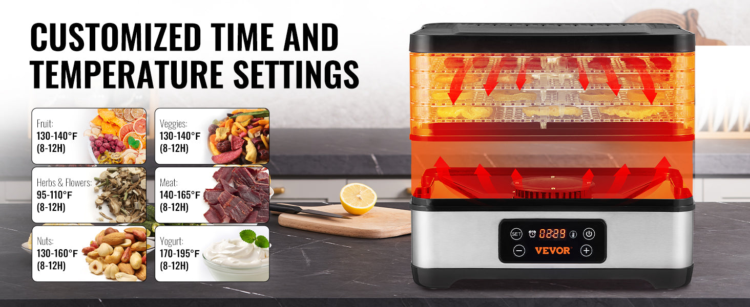 5-Tray Food Dehydrator 300W — Stainless Steel with Digital Timer & Adjustable Temperature