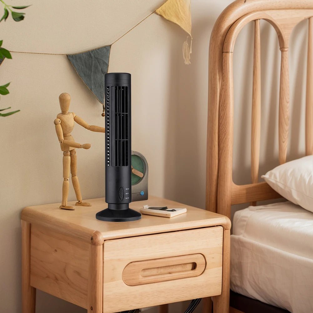 LED Bladeless Tower Fan — USB Powered, 2-Speed, Safe for Kids & Pets, Space-Saving Design - Authority Asset Brand