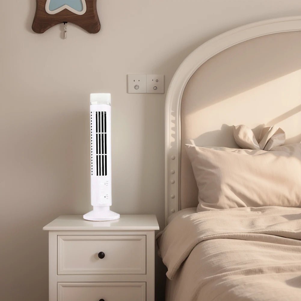 LED Bladeless Tower Fan — USB Powered, 2-Speed, Safe for Kids & Pets, Space-Saving Design - Authority Asset Brand