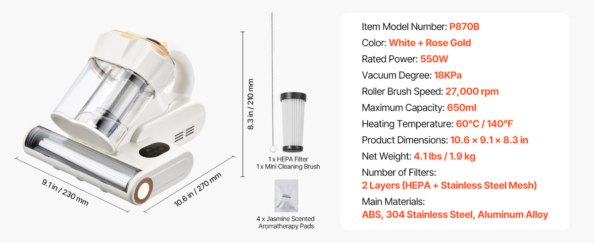 SucceBuy Mattress Vacuum Cleaner – 18Kpa Suction, Dual Dust Bin, HEPA Filter, Heating & Ultrasound