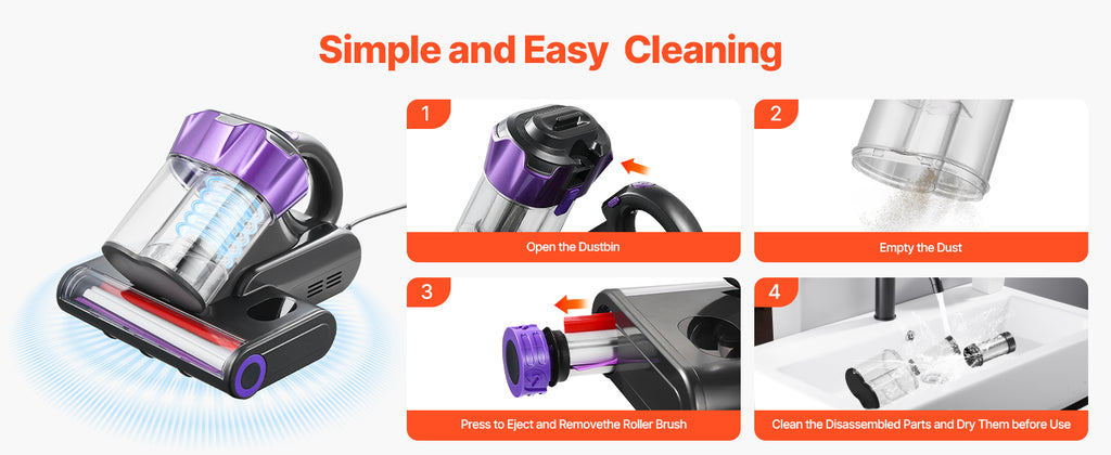 SucceBuy Mattress Vacuum Cleaner – 18Kpa Suction, Dual Dust Bin, HEPA Filter, Heating & Ultrasound