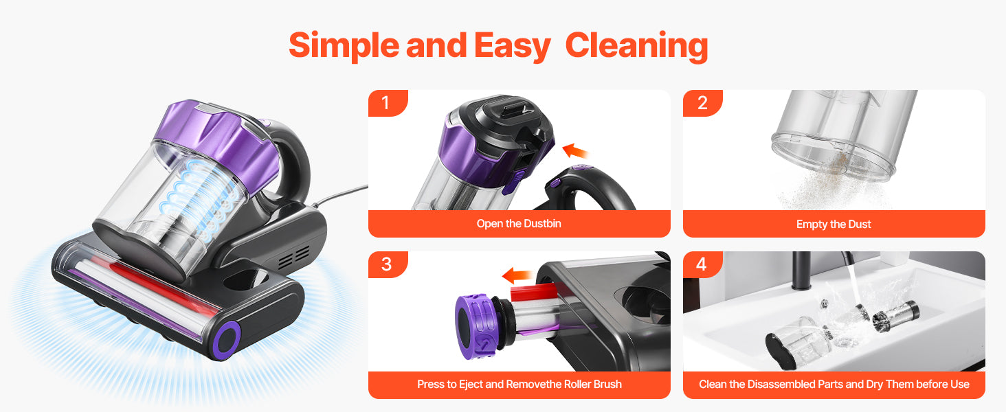 SucceBuy Mattress Vacuum Cleaner – 18Kpa Suction, Dual Dust Bin, HEPA Filter, Heating & Ultrasound