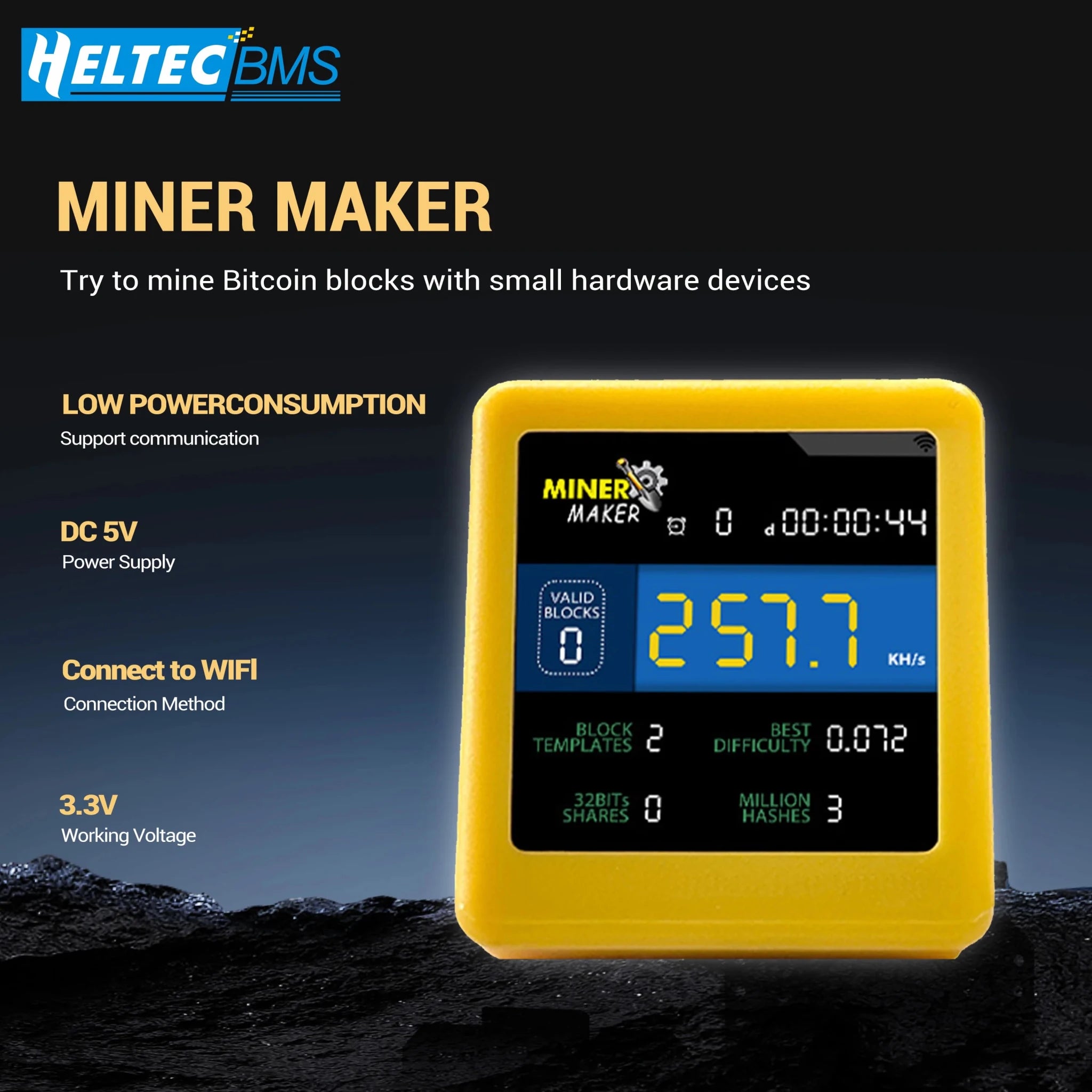 MINER MAKER USB Bitcoin Solo Miner — 1W Low Power ESP32 WiFi with 1.54" Desktop Clock Display - Authority Asset Brand