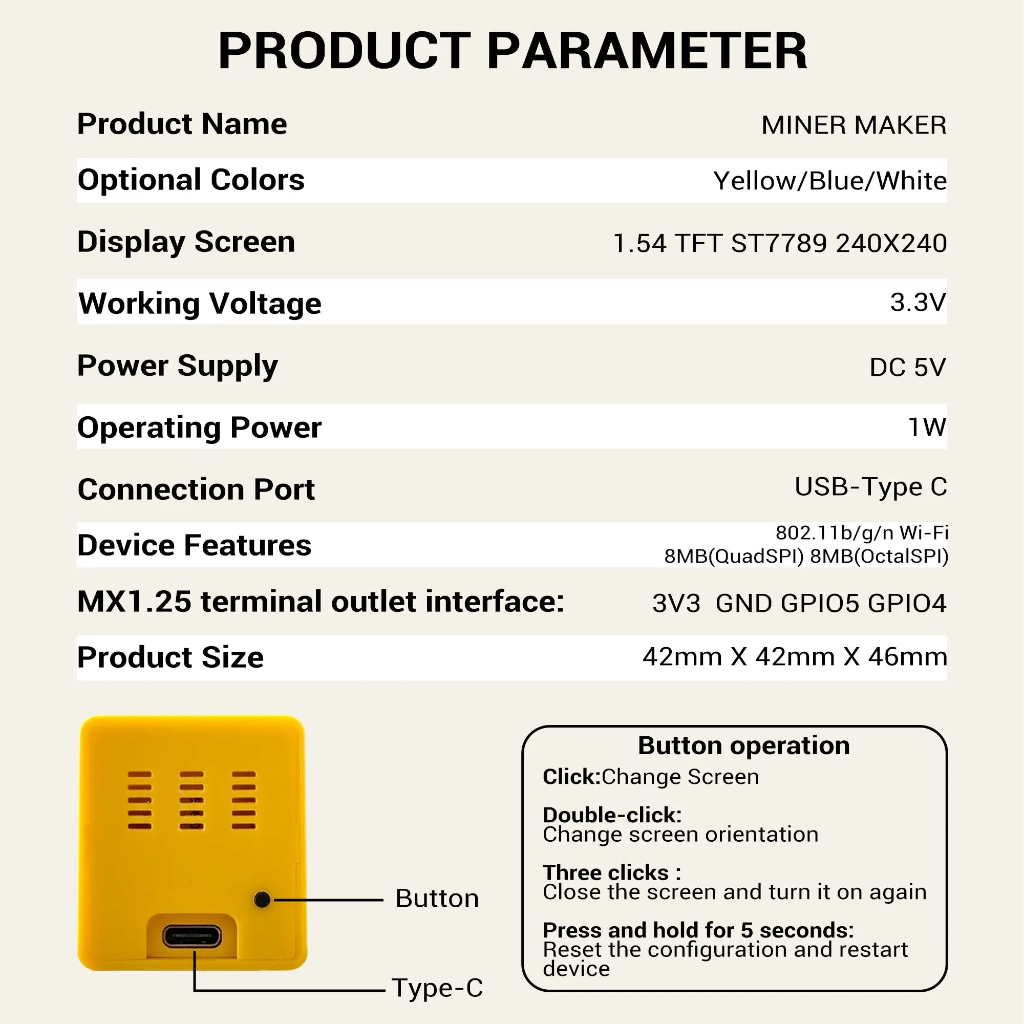 MINER MAKER USB Bitcoin Solo Miner — 1W Low Power ESP32 WiFi with 1.54" Desktop Clock Display - Authority Asset Brand