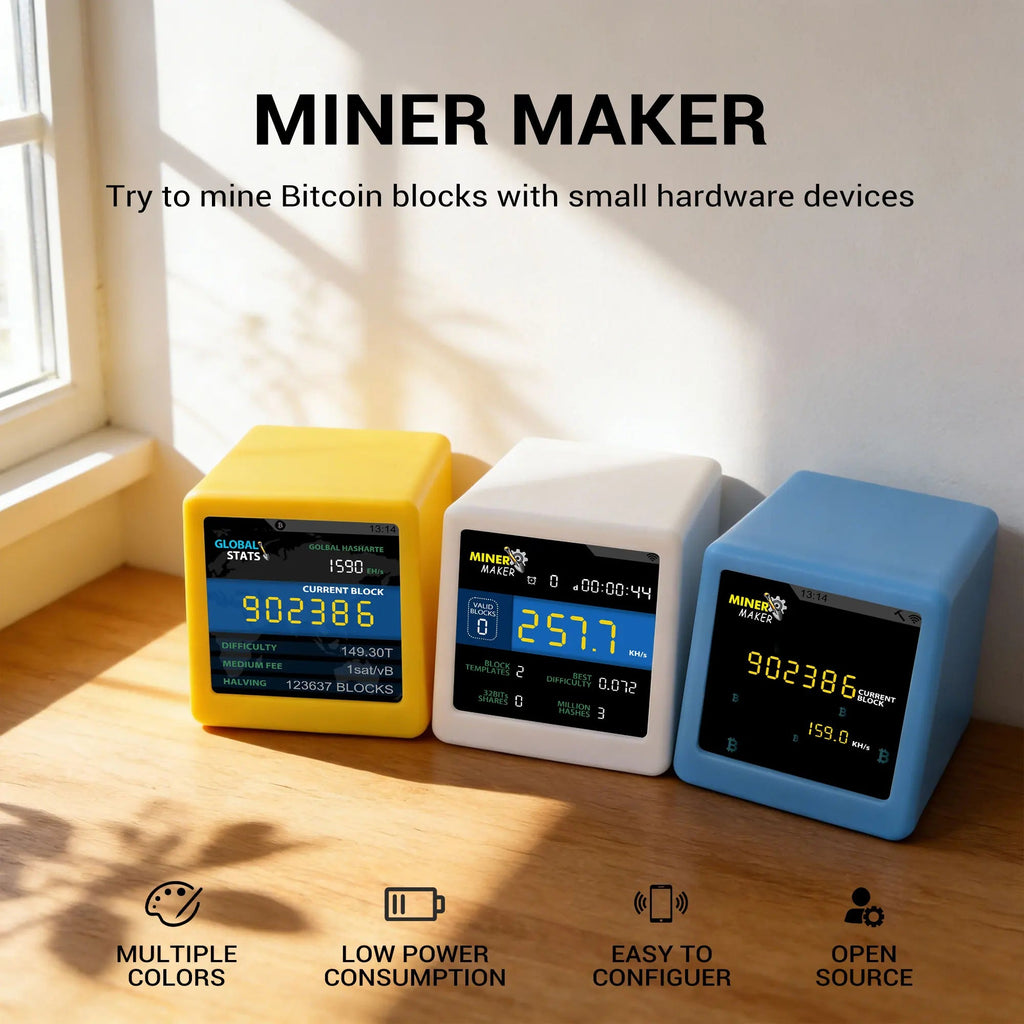 MINER MAKER USB Bitcoin Solo Miner — 1W Low Power ESP32 WiFi with 1.54" Desktop Clock Display - Authority Asset Brand