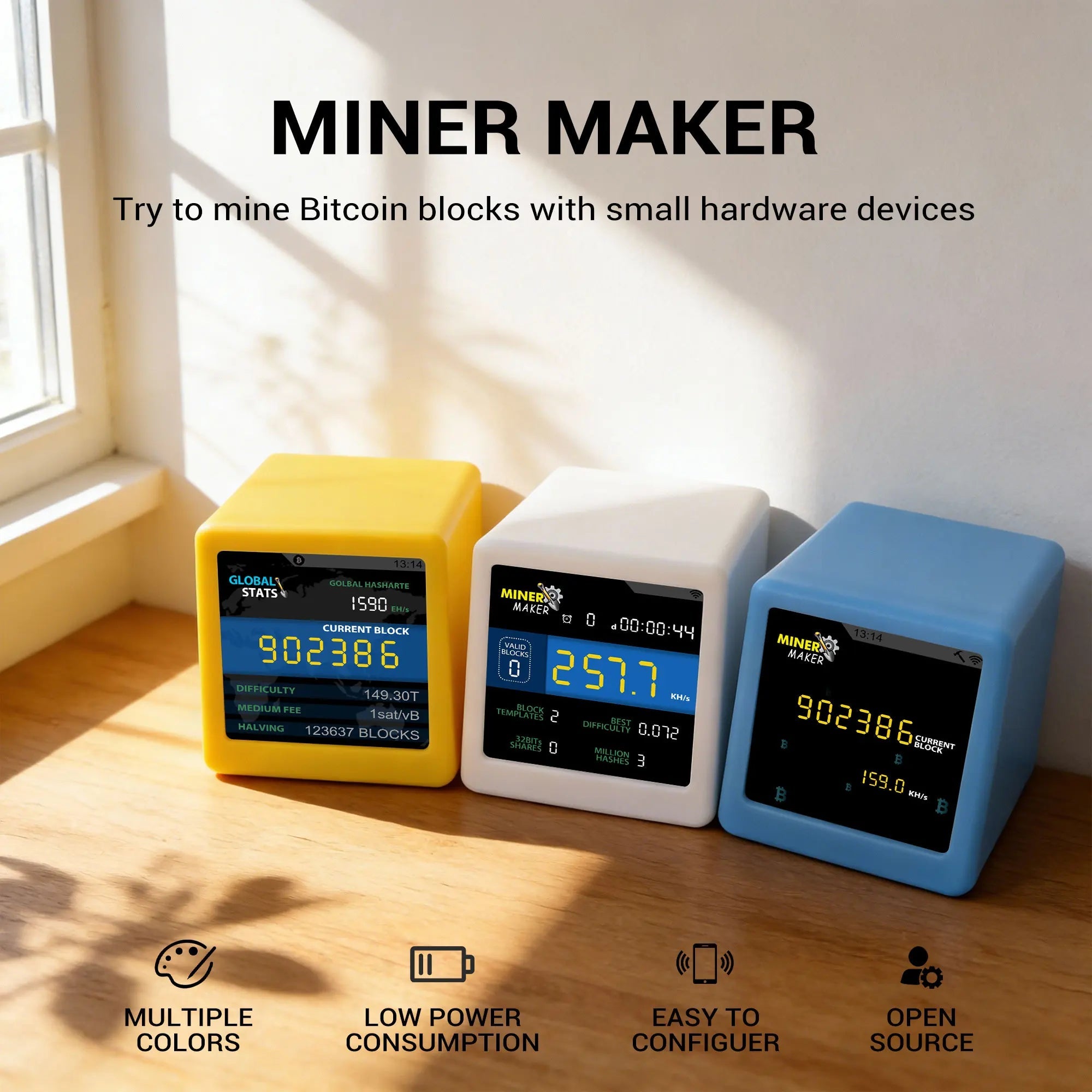 MINER MAKER USB Bitcoin Solo Miner — 1W Low Power ESP32 WiFi with 1.54" Desktop Clock Display - Authority Asset Brand