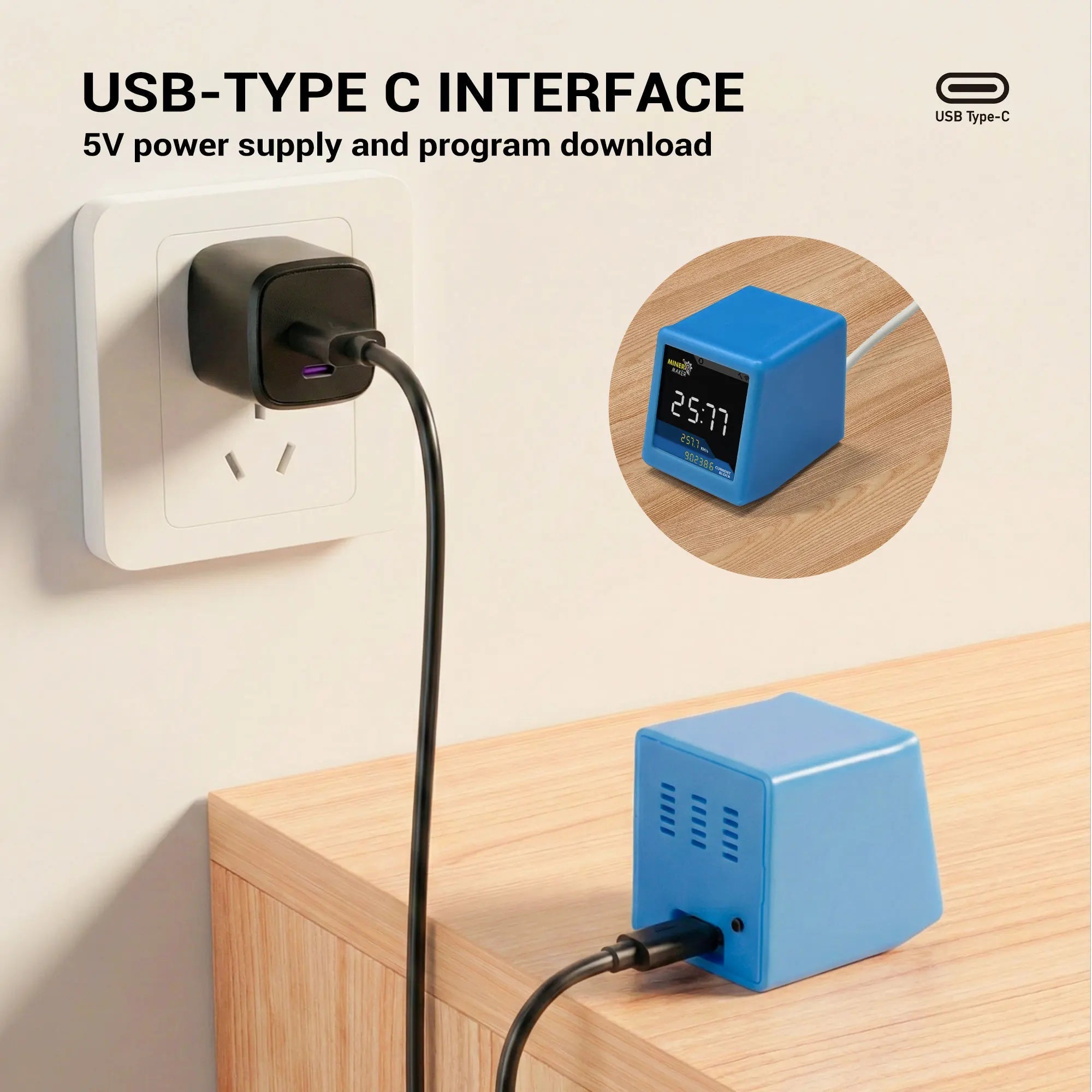 MINER MAKER USB Bitcoin Solo Miner — 1W Low Power ESP32 WiFi with 1.54" Desktop Clock Display - Authority Asset Brand