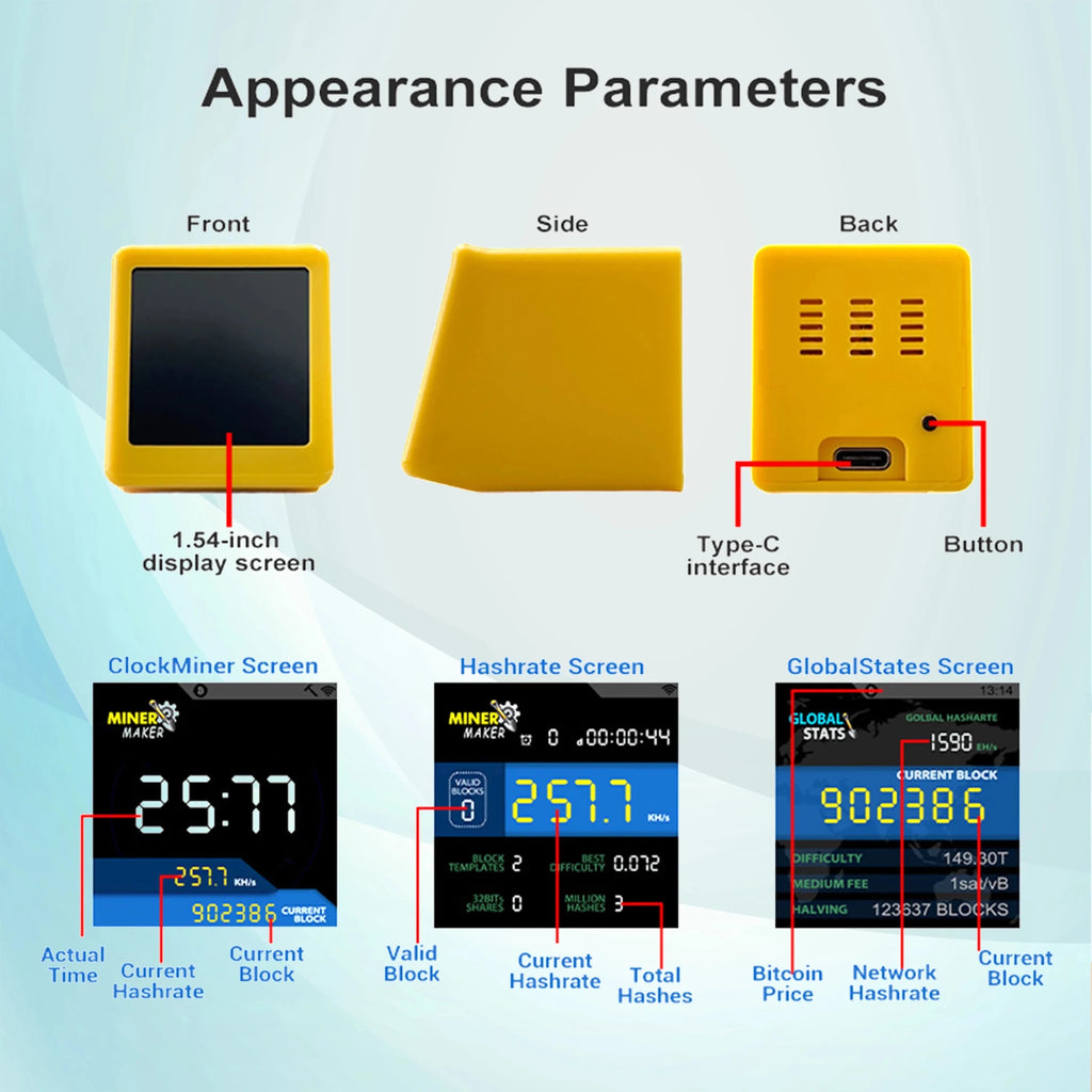 MINER MAKER USB Bitcoin Solo Miner — 1W Low Power ESP32 WiFi with 1.54" Desktop Clock Display - Authority Asset Brand