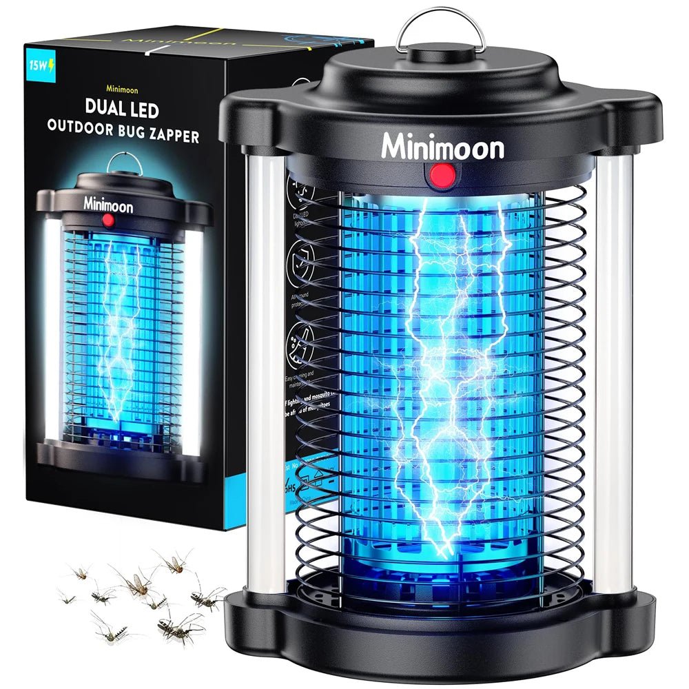 Minimoon Outdoor Bug Zapper — 15W UV, 4200V Grid, Dual LED Light, IPX4 Waterproof, 2100 Sq.Ft Coverage - Authority Asset Brand