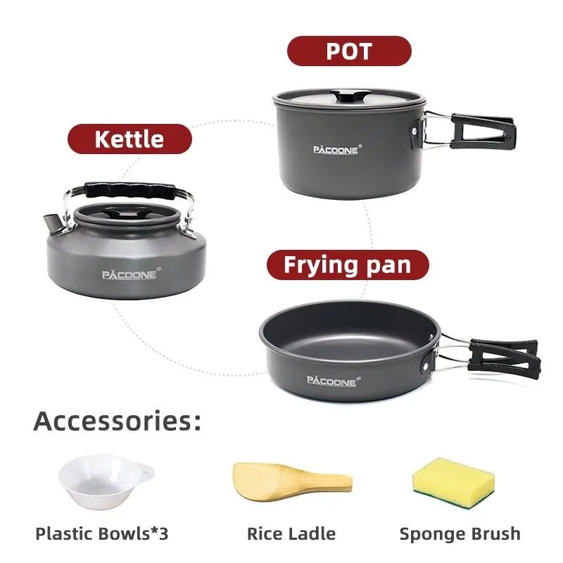 PACOONE Camping Cookware Set — Portable Outdoor Pot, Pan, Kettle & Tableware Kit - Authority Asset Brand