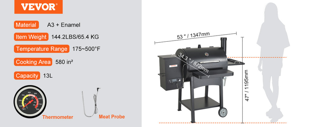 SucceBuy Portable Charcoal & Propane Smoker Grill | 840 Sq. In., Cover & Cart, PID Temp Control 175–500°F, CE Certified