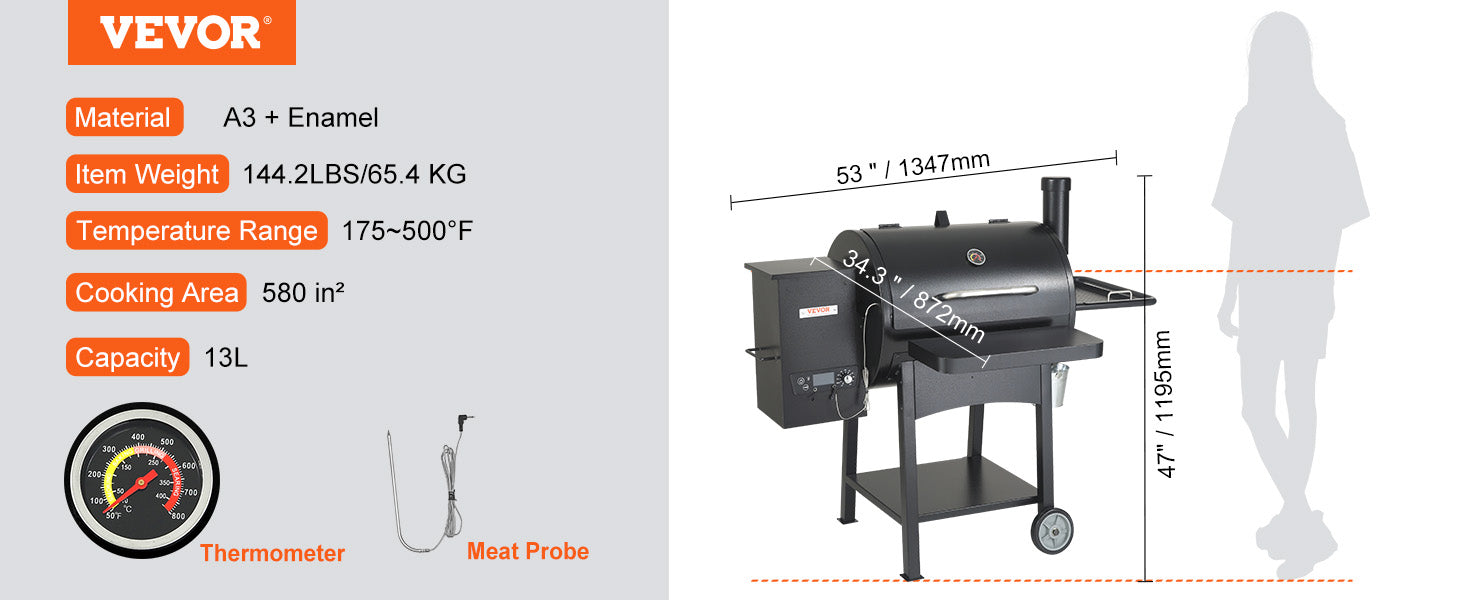 SucceBuy Portable Charcoal & Propane Smoker Grill | 840 Sq. In., Cover & Cart, PID Temp Control 175–500°F, CE Certified