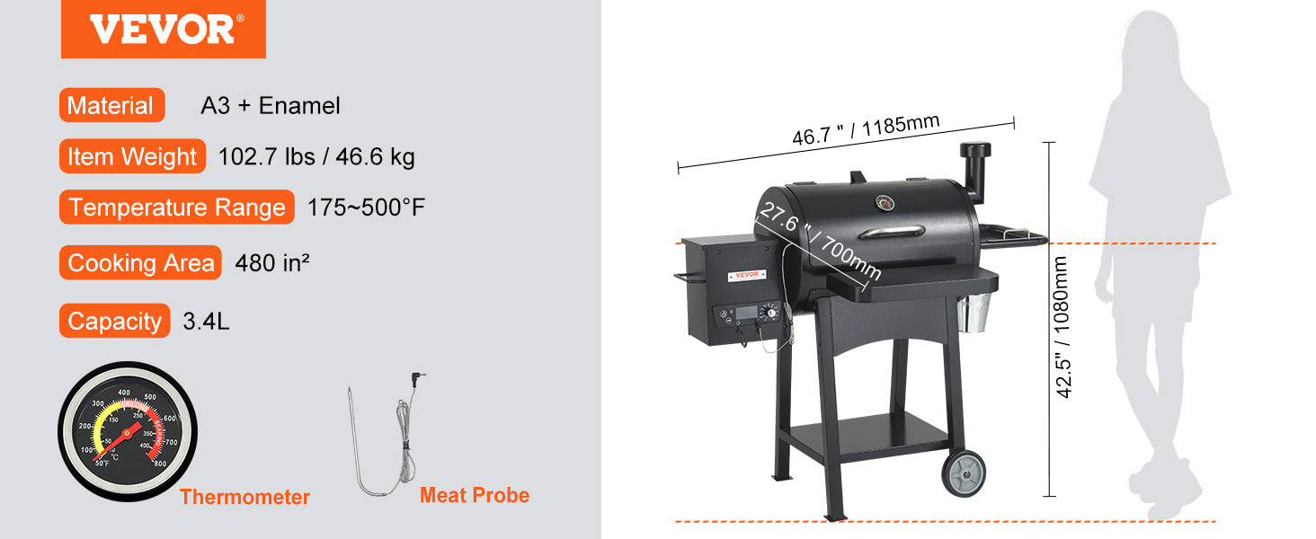 SucceBuy Portable Charcoal & Propane Smoker Grill | 840 Sq. In., Cover & Cart, PID Temp Control 175–500°F, CE Certified