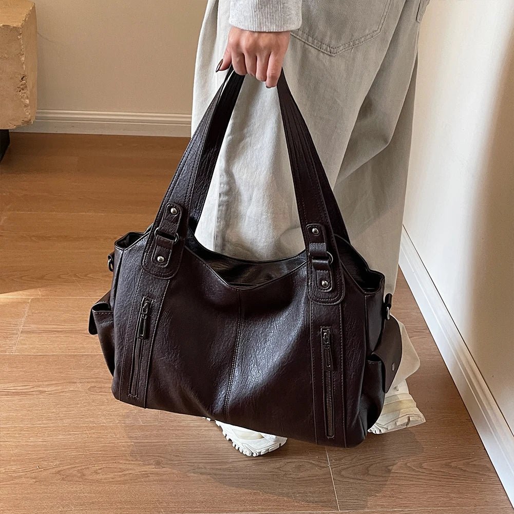 PU Leather Tote Bag with Zipper for Women — Multi-Pocket Shoulder Bag, Retro Crossbody Handbag - Authority Asset Brand