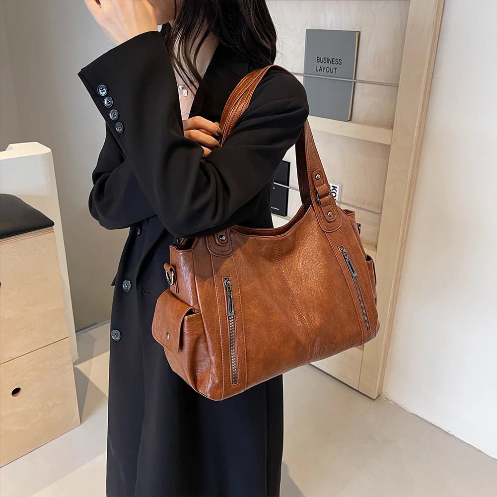 PU Leather Tote Bag with Zipper for Women — Multi-Pocket Shoulder Bag, Retro Crossbody Handbag - Authority Asset Brand