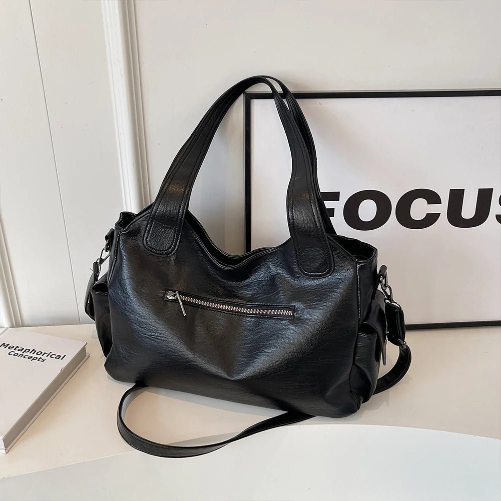 PU Leather Tote Bag with Zipper for Women — Multi-Pocket Shoulder Bag, Retro Crossbody Handbag - Authority Asset Brand
