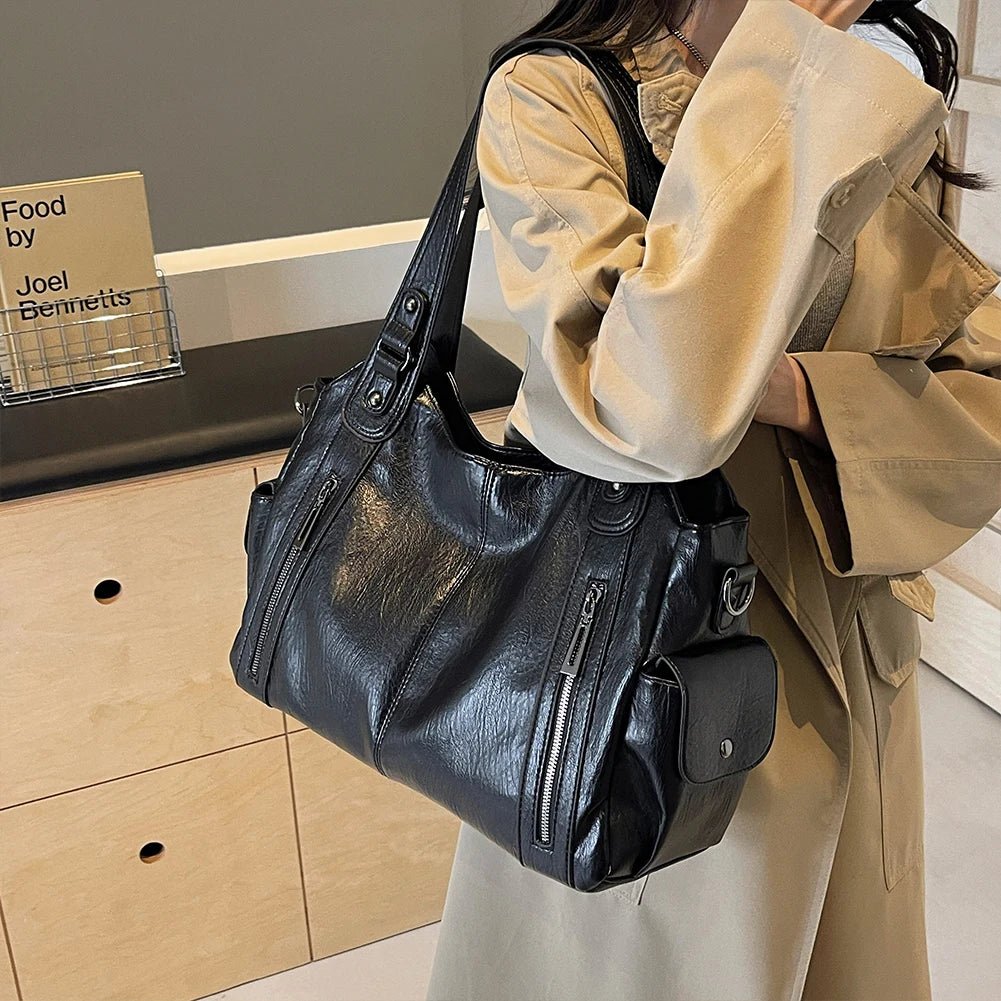 PU Leather Tote Bag with Zipper for Women — Multi-Pocket Shoulder Bag, Retro Crossbody Handbag - Authority Asset Brand