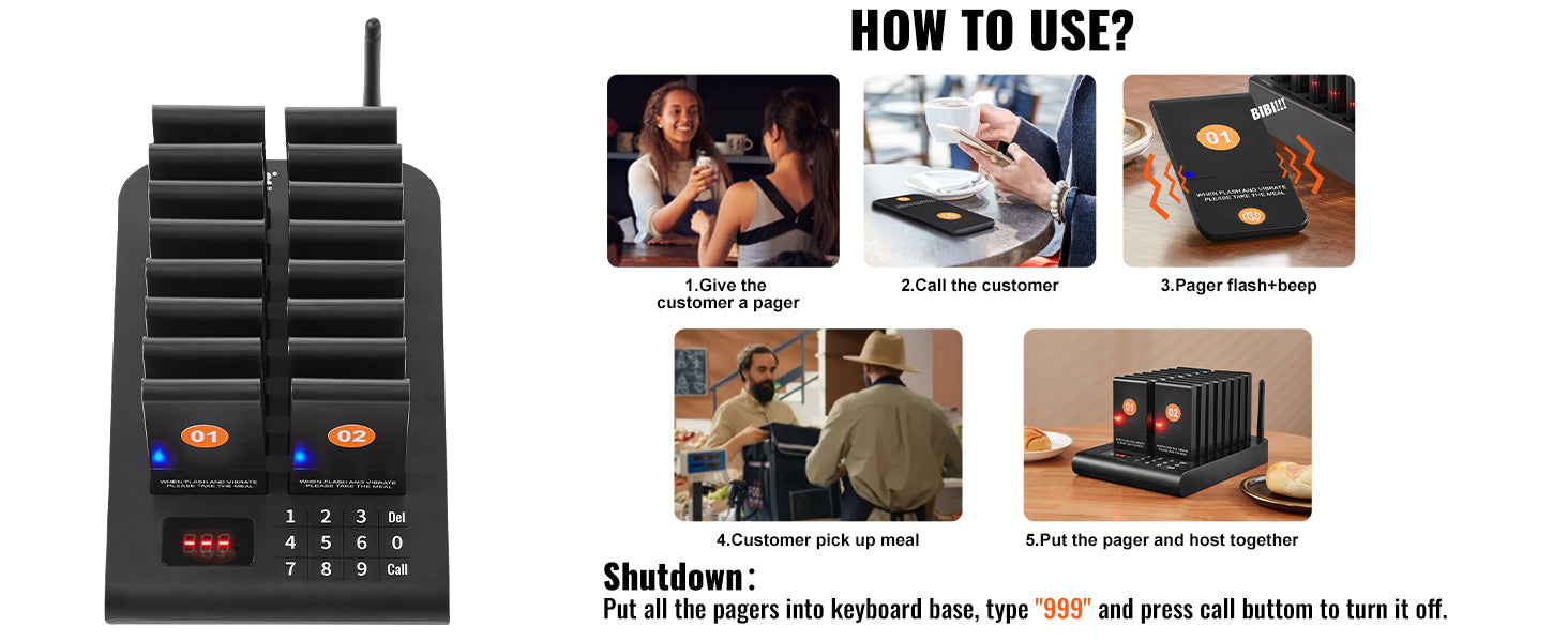 Wireless Restaurant Pager System — Guest Calling Beepers with Vibration & Flashing