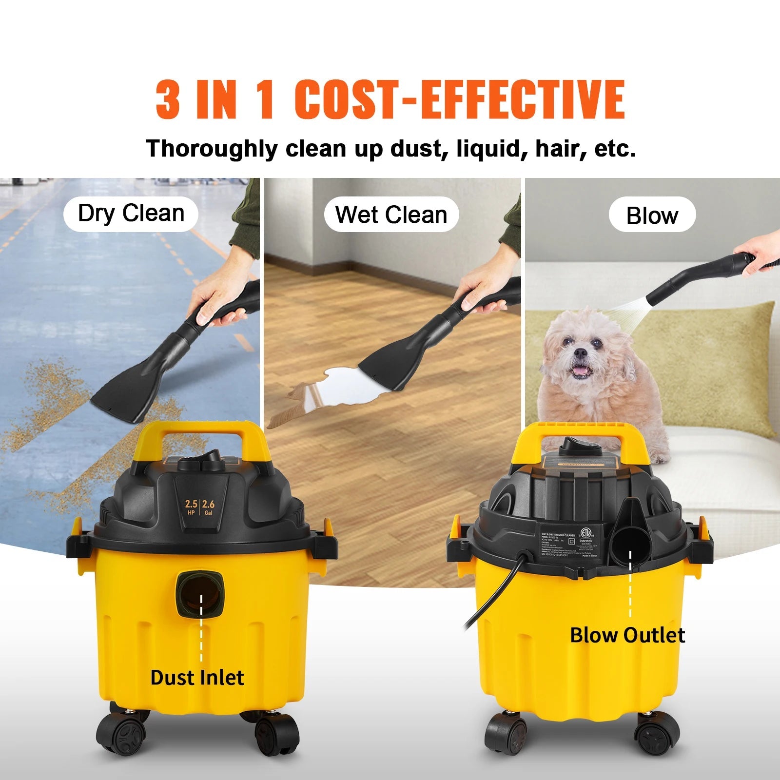 SucceBuy 2.6 Gallon Wet Dry Shop Vac — 2.5 Peak HP, 3-in-1 Vacuum, Blow & Suction with HEPA Filter - Authority Asset Brand