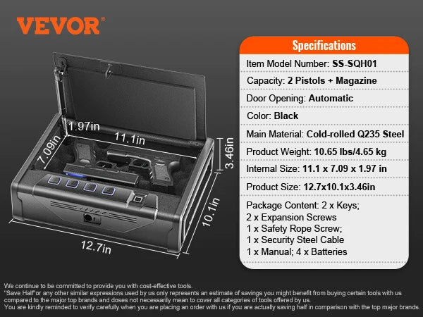 SucceBuy Pistol Safe — Q235 Steel, 3-Way Quick Access, Biometric Fingerprint, LED, Silent Mode - Authority Asset Brand