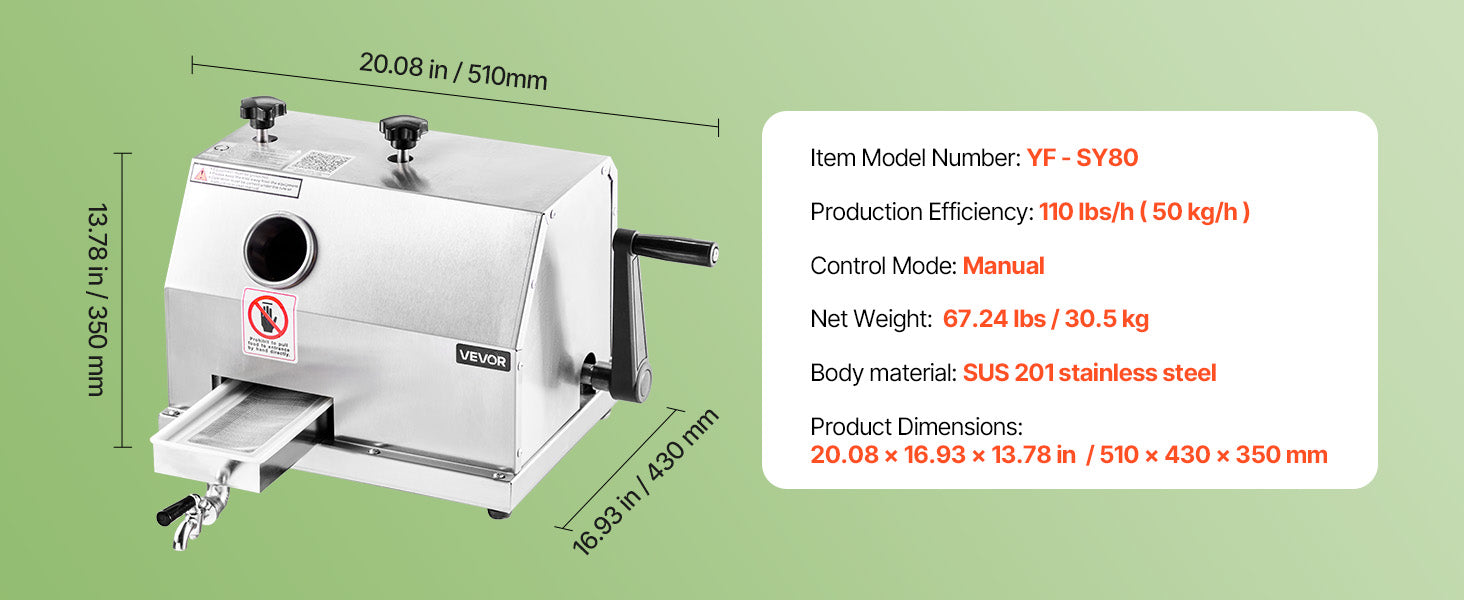 Commercial Sugarcane Juicer 110 LBS/H — 3 Stainless Steel Rollers, 2.4" Large Inlet