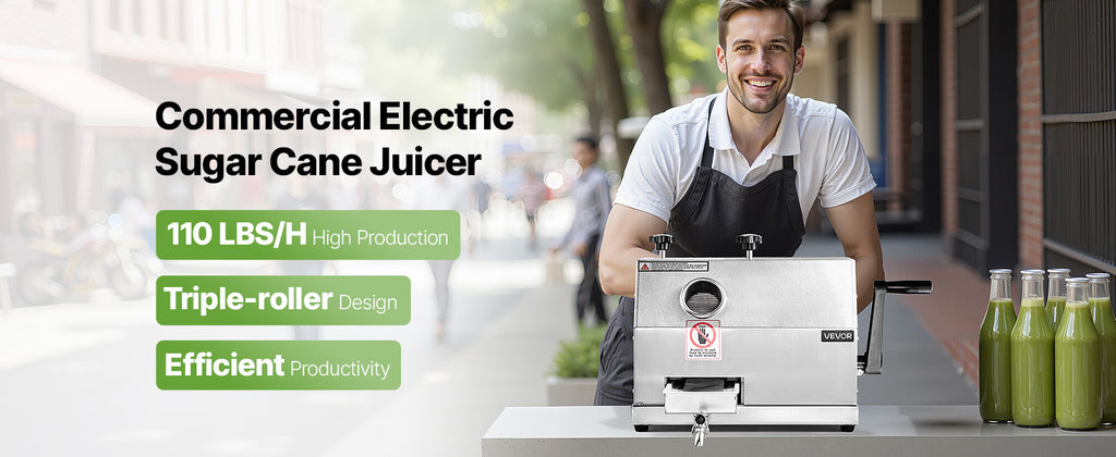 Commercial Sugarcane Juicer 110 LBS/H — 3 Stainless Steel Rollers, 2.4" Large Inlet