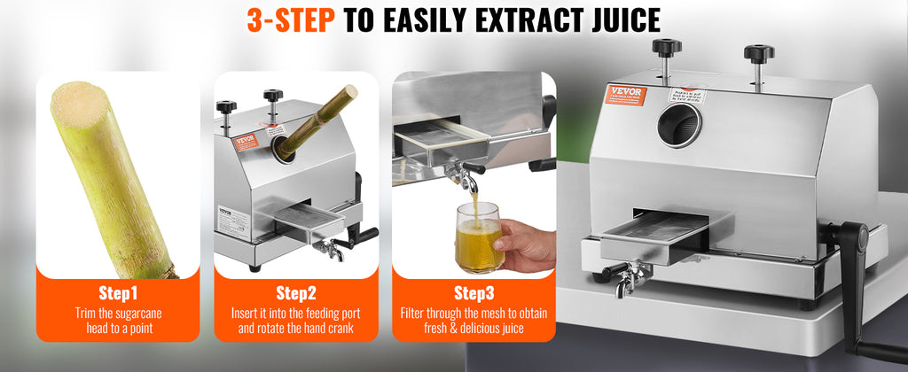 Commercial Sugarcane Juicer 110 LBS/H — 3 Stainless Steel Rollers, 2.4" Large Inlet