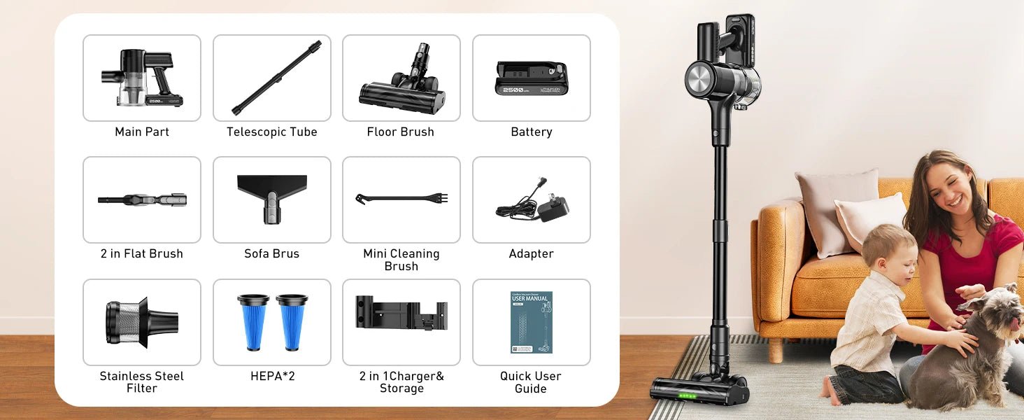 SUXIANGVAC Cordless Stick Vacuum Cleaner — 500W 55Kpa, 55-Min Runtime, Anti-Tangle, HEPA, Self-Standing - Authority Asset Brand