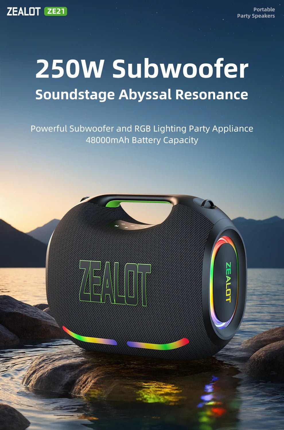 ZEALOT ZE21 250W Portable Bluetooth Speaker — Waterproof, TWS, 48000mAh Power Bank - Authority Asset Brand